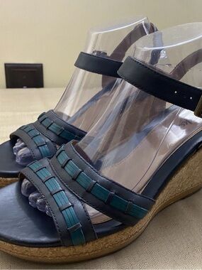 Clarks Leather Navy Wedge Sandals with Teal Detail